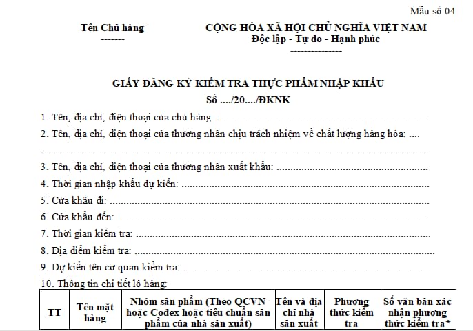 Mẫu số 04 Giấy đăng ký kiểm tra thực phẩm nhập khẩu 8 Mẫu 04 giấy đăng ký kiểm tra thực phẩm nhập khẩu