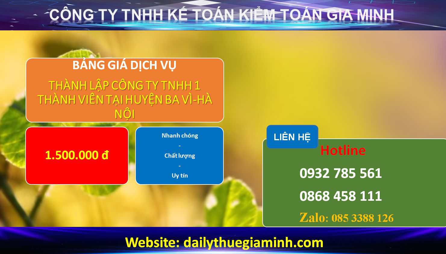 Thành lập công ty TNHH 1 thành viên Huyện Ba Vì 4 Chi phí Thành lập công ty TNHH 1 thành viên Huyện Ba Vì - Hà Nội