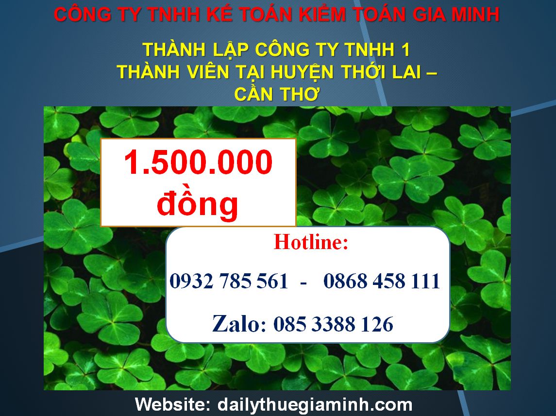 Chi phí Thành lập công ty TNHH 1 thành viên Huyện Thới Lai - Cần Thơ