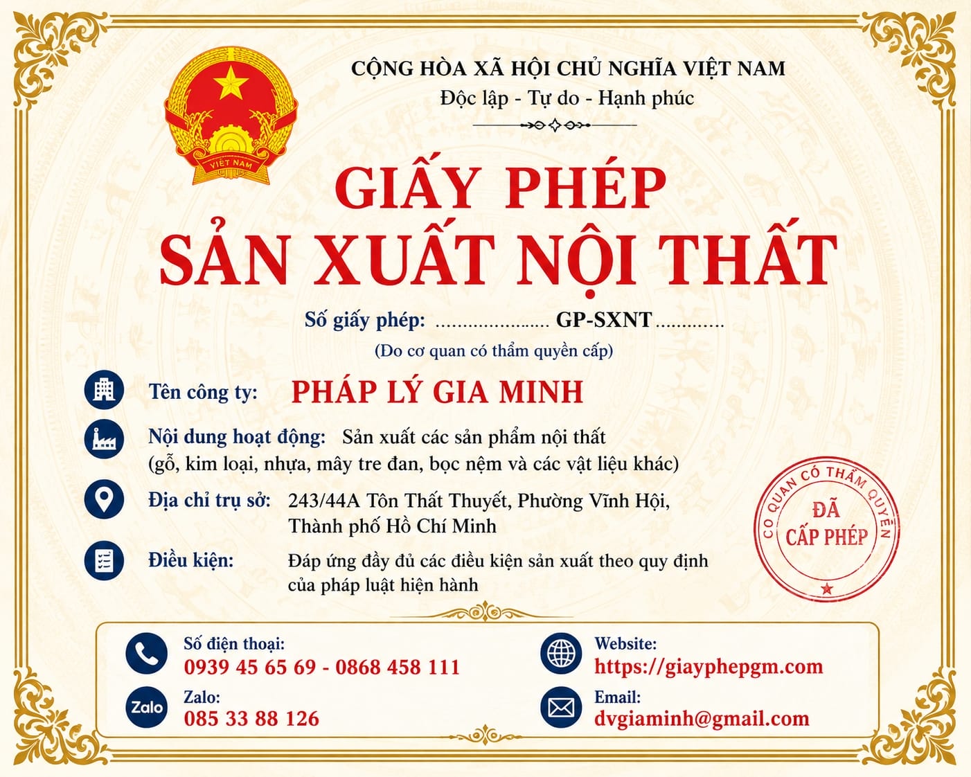 Thành lập cơ sở sản xuất nội thất tại Bến Tre – Hướng dẫn chi tiết 2025 18 Giấy phép sản xuất nội thất
