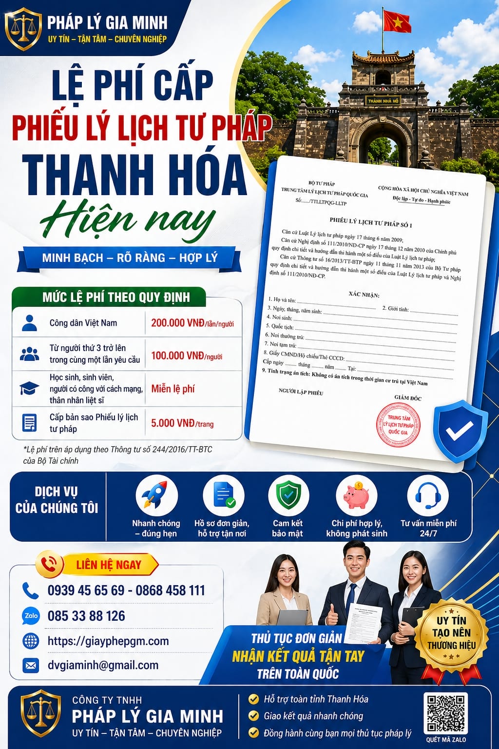 Chi phí làm lý lịch tư pháp Thanh Hóa