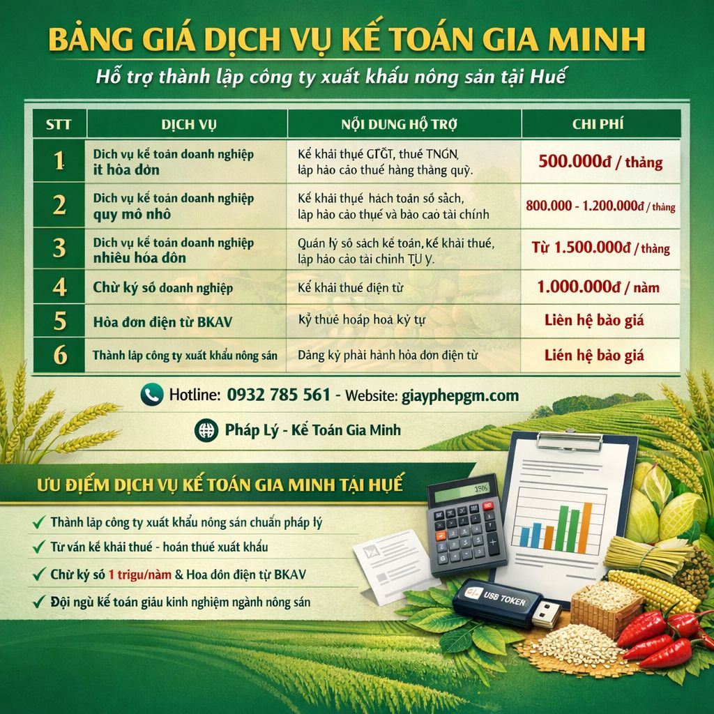 Bảng giá dịch vụ kế toán doanh nghiệp xuất khẩu tại Huế