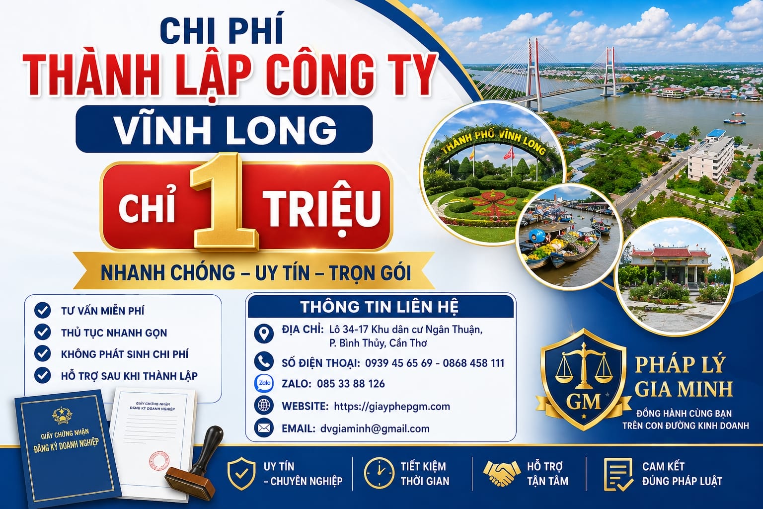 Chi phí thành lập công ty Vĩnh Long chỉ 1 triệu