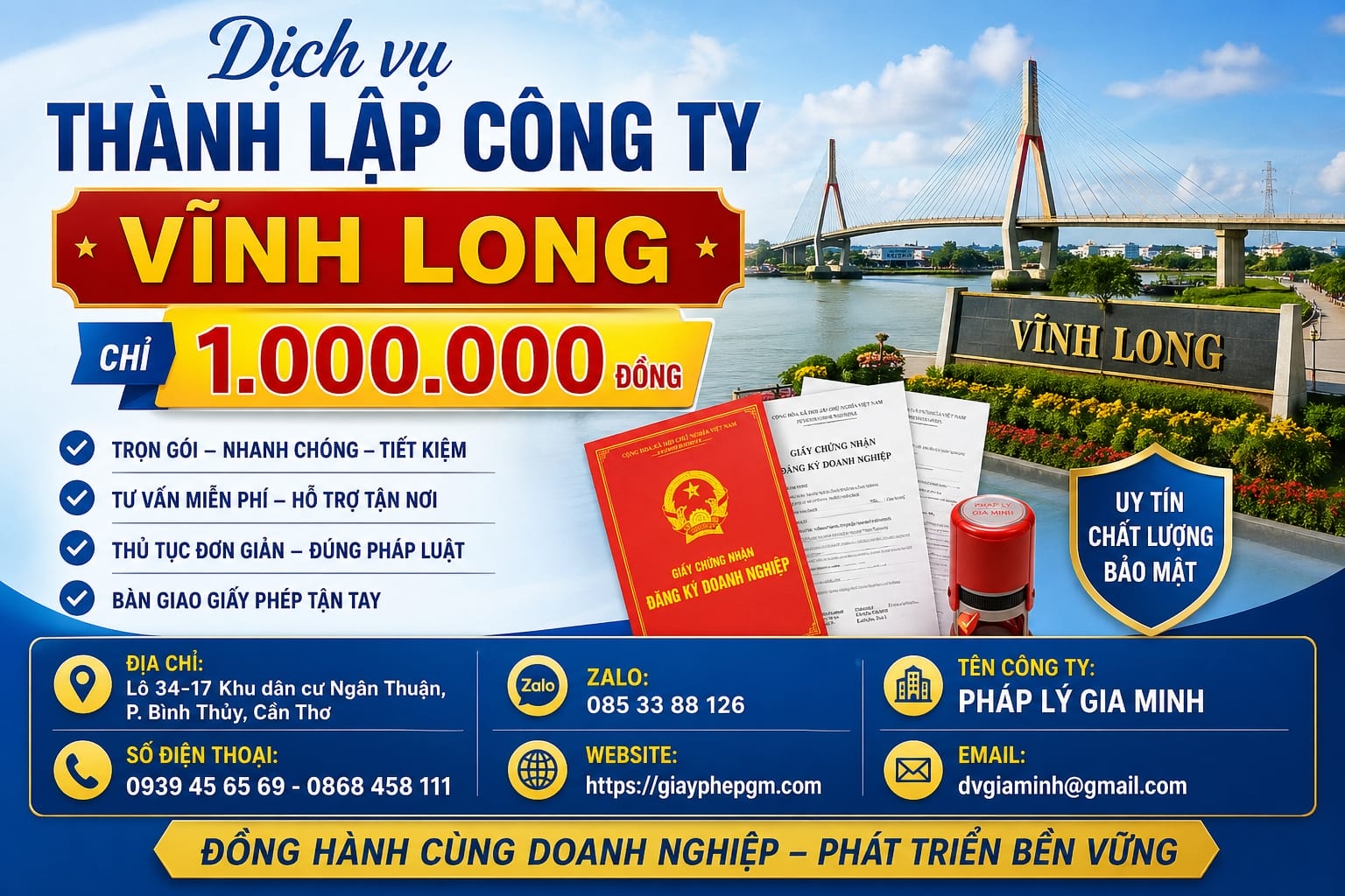 Dịch vụ thành lập công ty Vĩnh Long chỉ 1.000.000 đồng