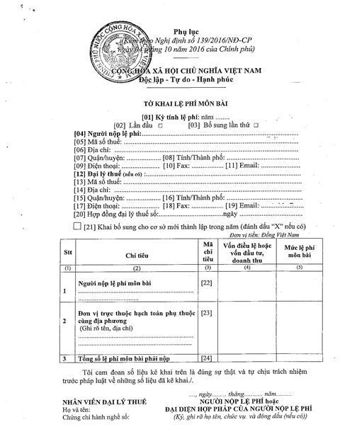 THỜI HẠN NỘP TỜ KHAI MÔN BÀI 4 Mẫu tờ khai môn bài theo nghị định 139 mới nhất