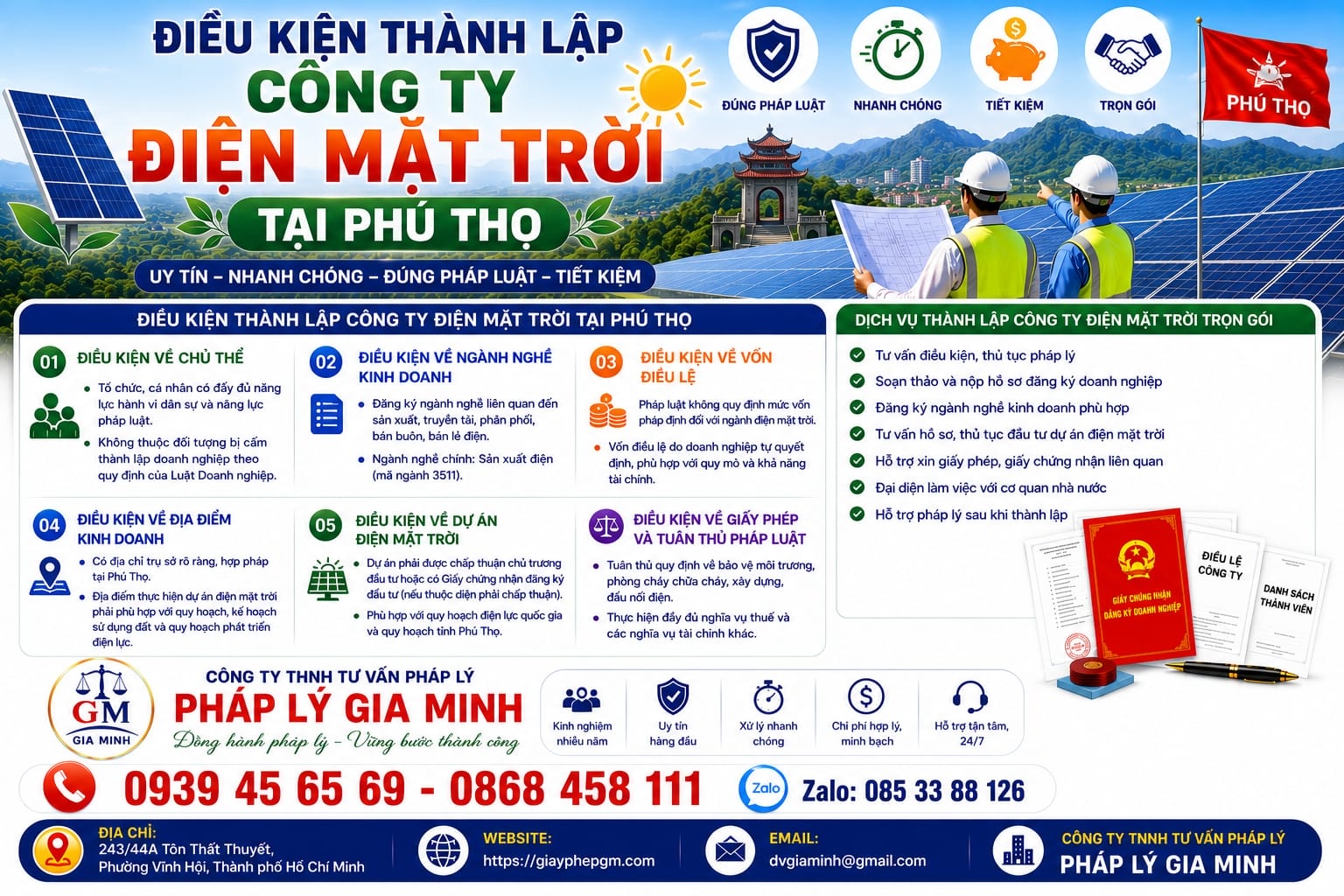 Thành lập công ty điện mặt trời tại Phú Thọ – Điều kiện, thủ tục, kinh nghiệm thực tế và tư vấn chuyên gia 10 Điều kiện thành lập công ty điện mặt trời tại Phú Thọ