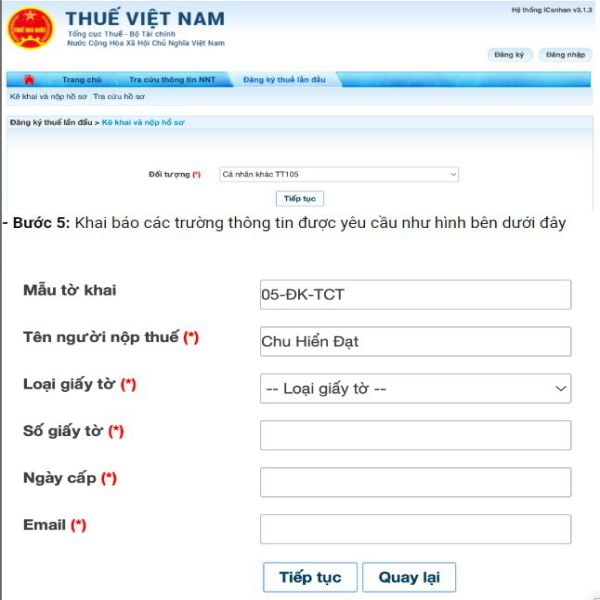 Khai báo thông tin đăng ký tài khoản thuế điện tử