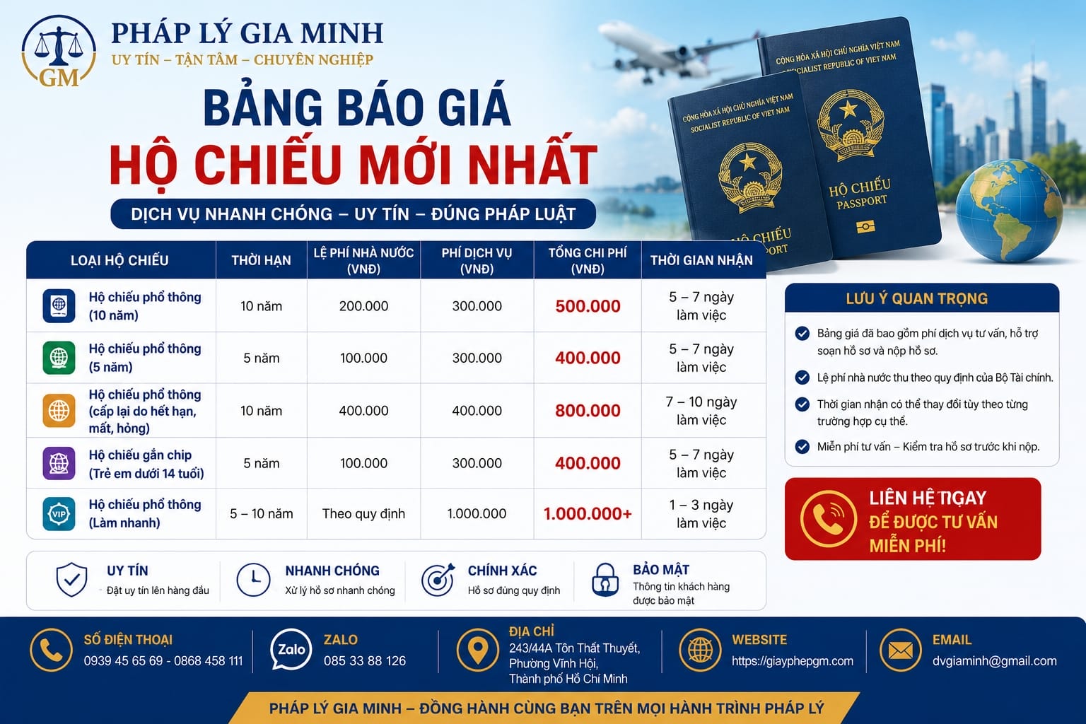 Bảng báo giá hộ chiếu mới nhất