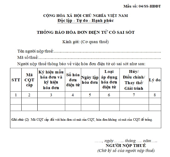 Hướng dẫn cách kiểm tra hóa đơn hủy, thay thế, điều chỉnh đã nộp mẫu 04/ss hay chưa 5 Mẫu 04/SS Hoá Đơn Điện Tử