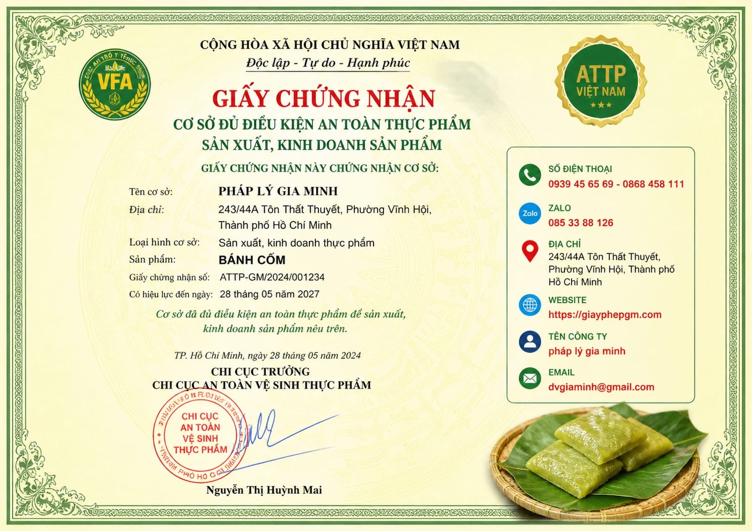 Giấy phép vệ sinh an toàn thực phẩm bánh cốm