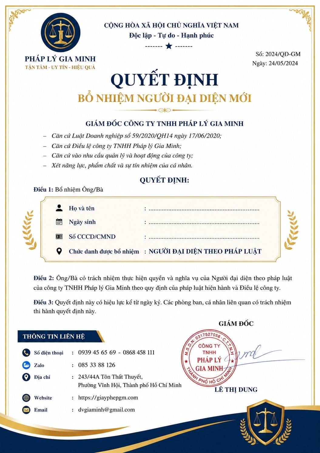 Quyết định bổ nhiệm người đại diện mới