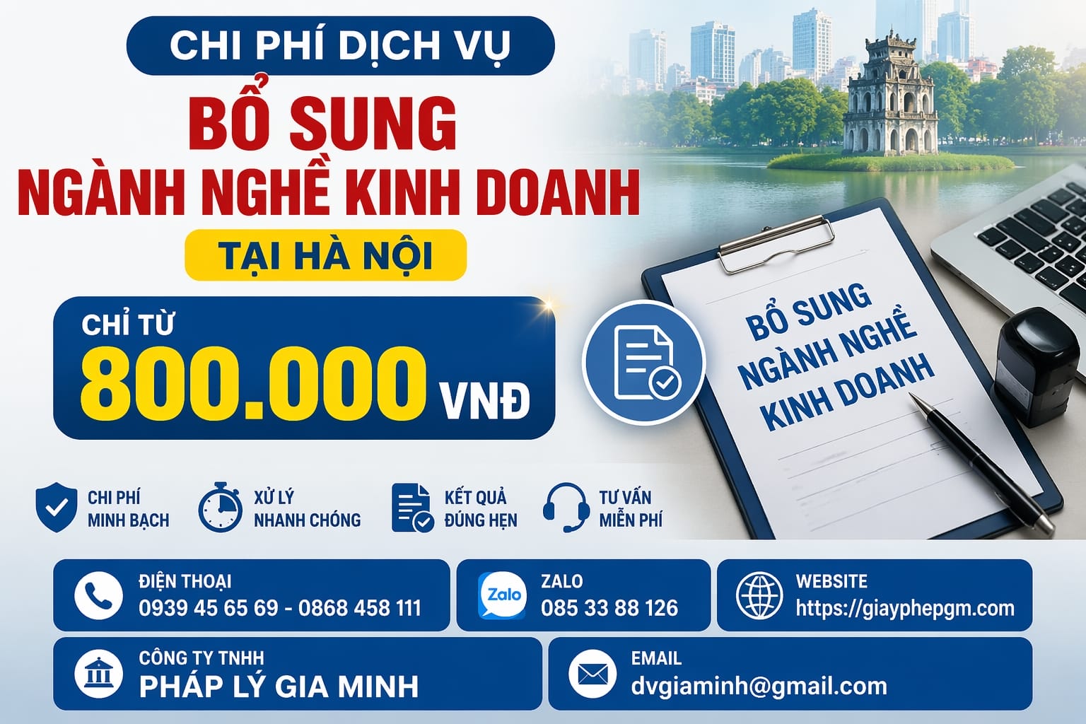 Chi phí dịch vụ bổ sung ngành nghề kinh doanh tại Hà Nội