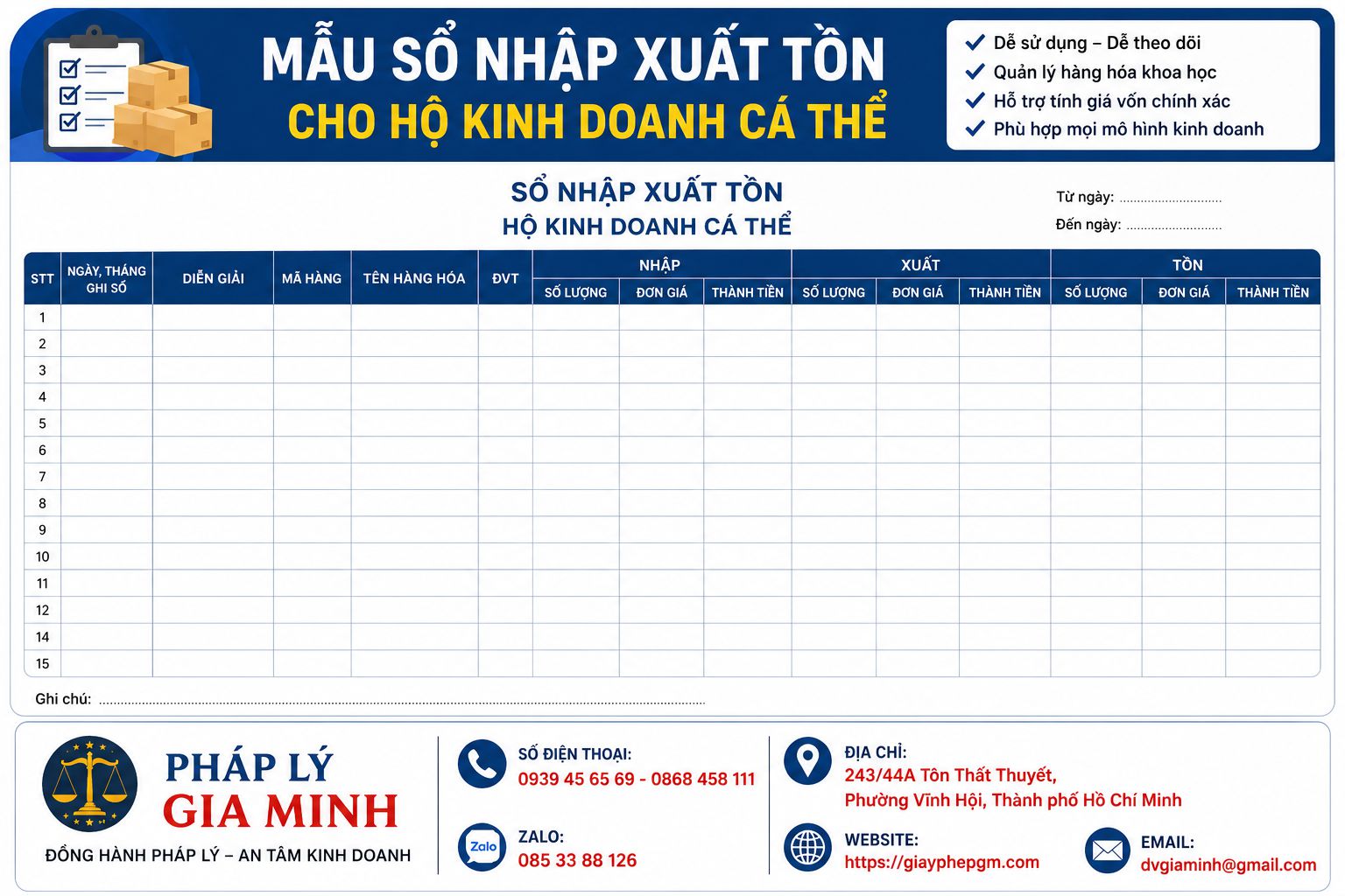 Mẫu sổ nhập xuất tồn cho hộ kinh doanh cá thể