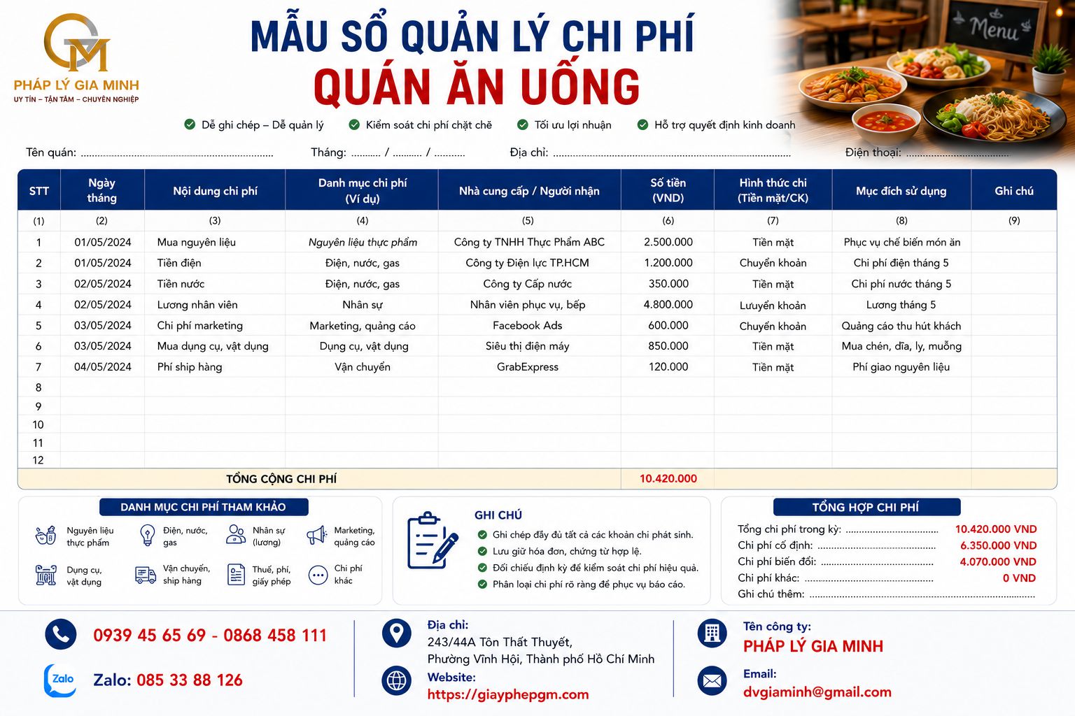 Mẫu sổ quản lý chi phí quán ăn uống