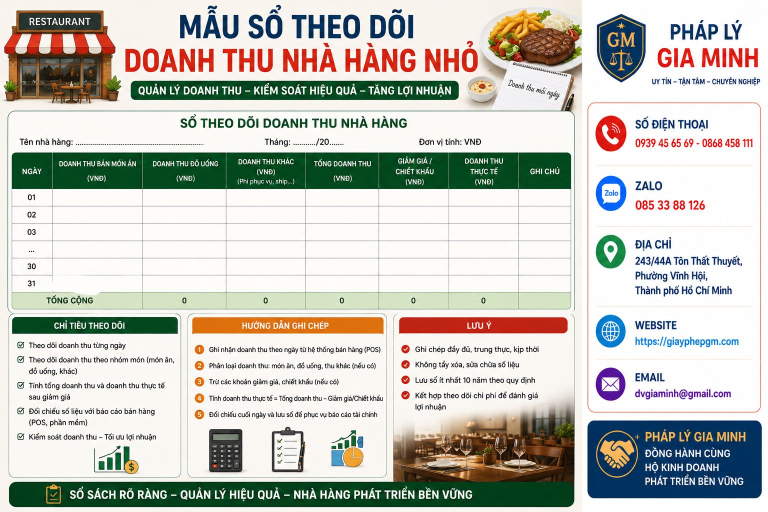 Mẫu sổ theo dõi doanh thu nhà hàng nhỏ