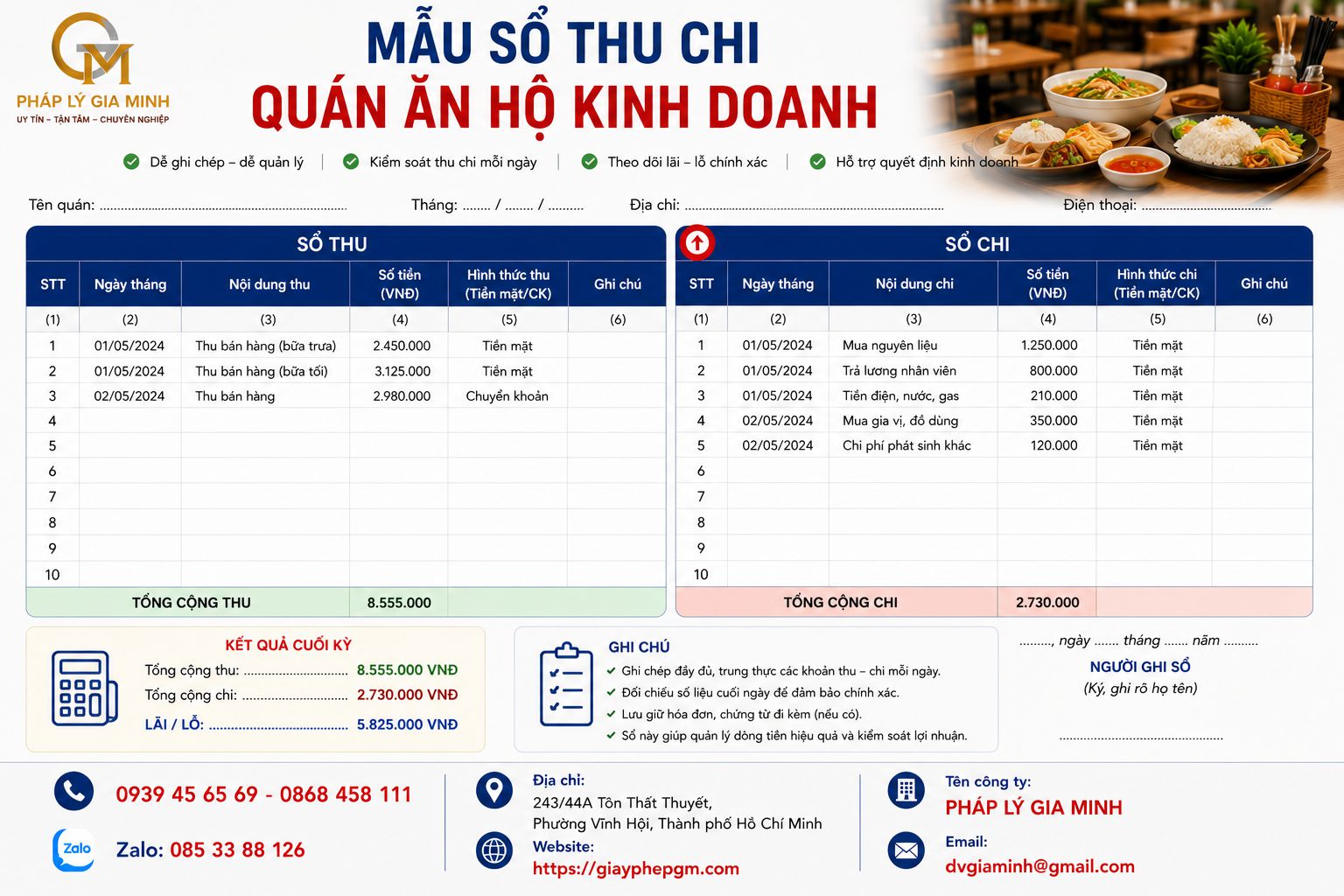 Mẫu sổ thu chi quán ăn hộ kinh doanh