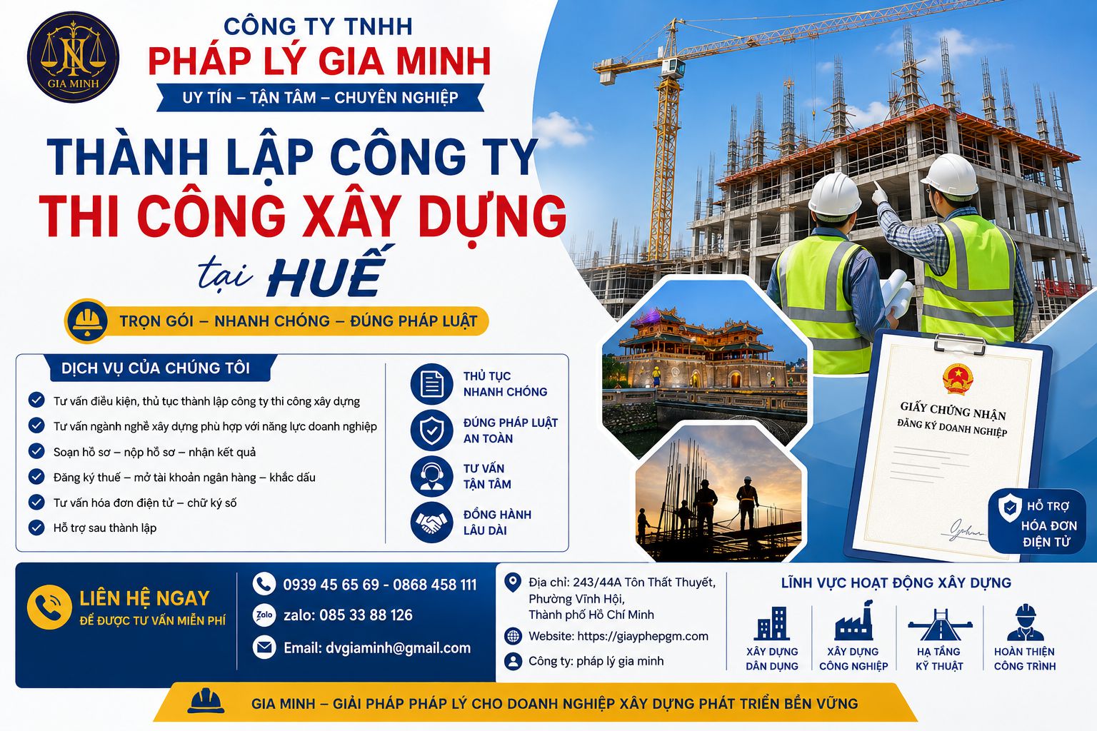 Thành lập công ty thi công xây dựng tại Huế – Hướng dẫn điều kiện để nhận thầu chuyên nghiệp