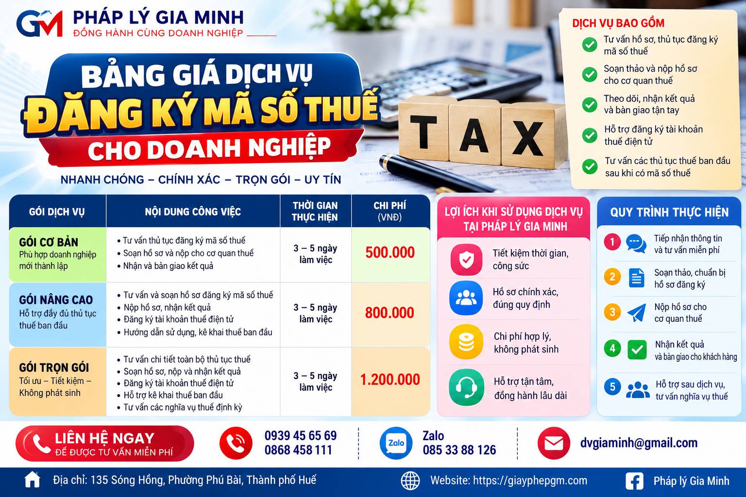 Đăng ký mã số thuế cho doanh nghiệp – Thủ tục, hồ sơ và quy trình chi tiết 2025 14 Bảng giá đăng ký mã số thuế cho doanh nghiệp