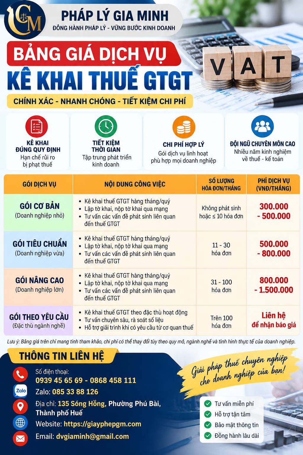 Kê khai thuế GTGT: Quy trình, hồ sơ và kinh nghiệm nộp thuế đúng hạn 8 Bảng giá dịch vụ kê khai thuế GTGT