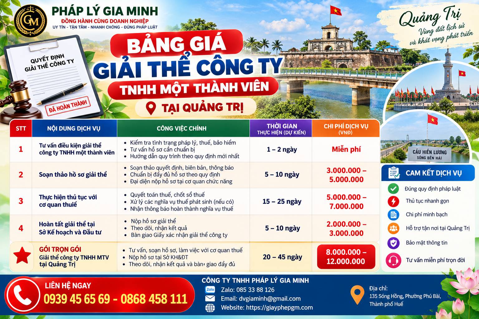 Bảng giá giải thể công ty TNHH MTV tại Quảng Trị