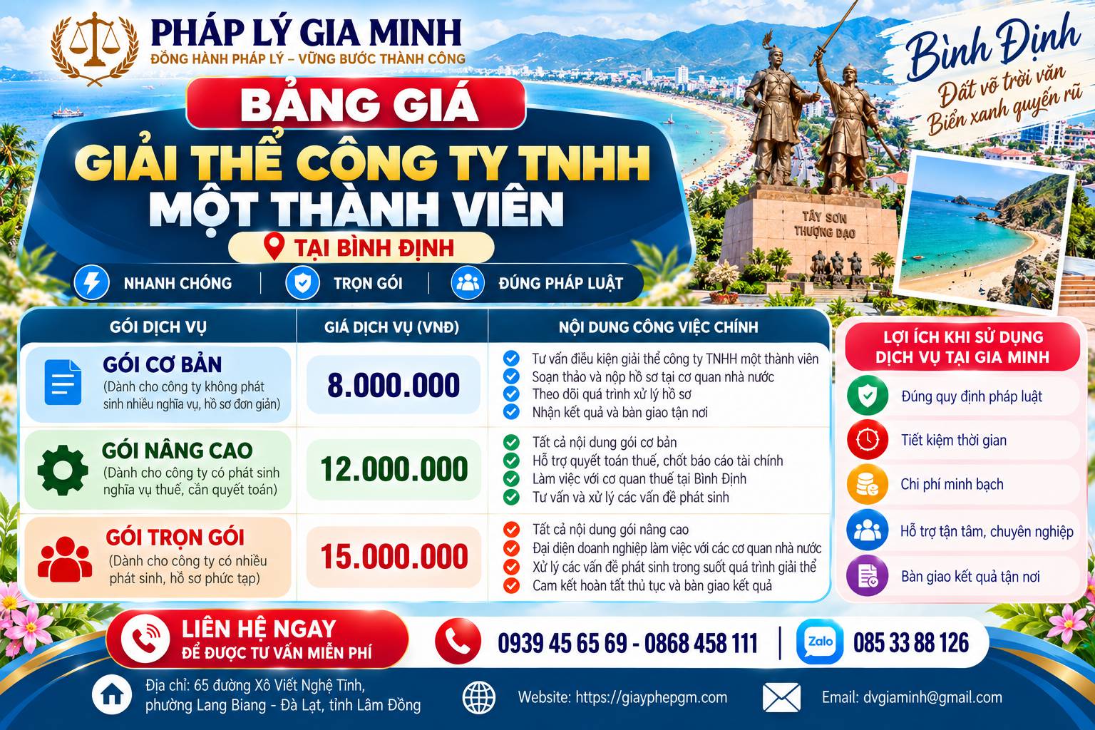 Bảng giá giải thể công ty TNHH một thành viên tại Bình Định