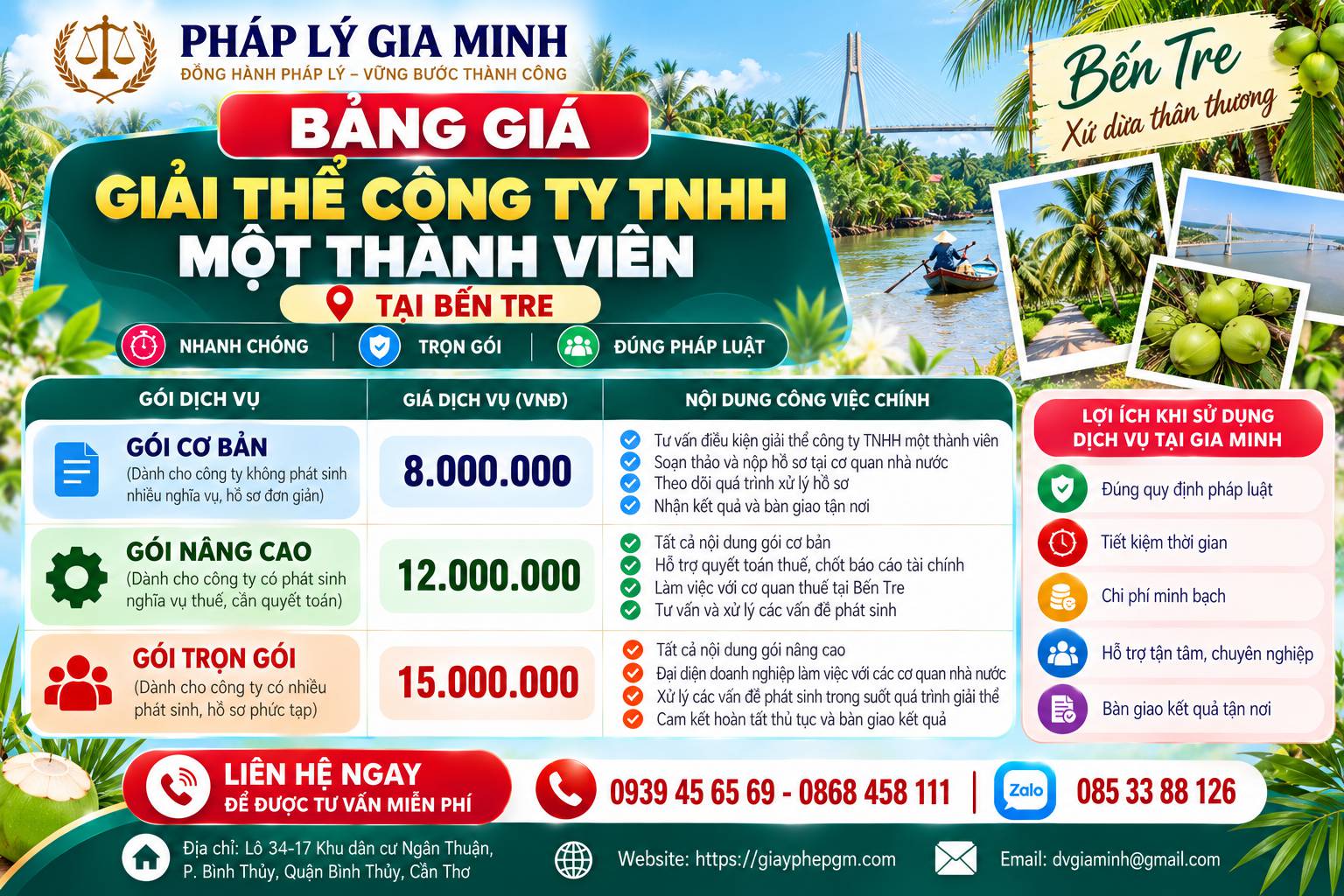 Giải thể công ty TNHH một thành viên tại Bến Tre 14 Bảng giá giải thể công ty TNHH một thành viên tại Bến Tre