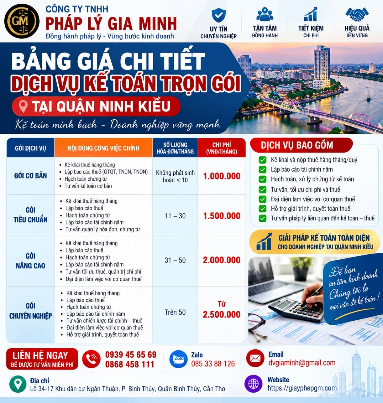 Bảng giá chi tiết Dịch Vụ Kế Toán Trọn Gói Tại Quận Ninh Kiều