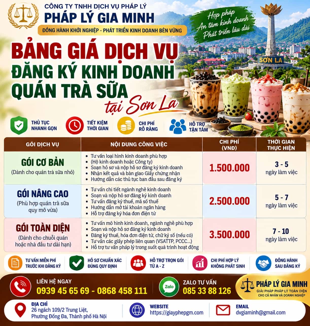 Bảng giá dịch vụ đăng ký kinh doanh quán trà sữa Sơn La