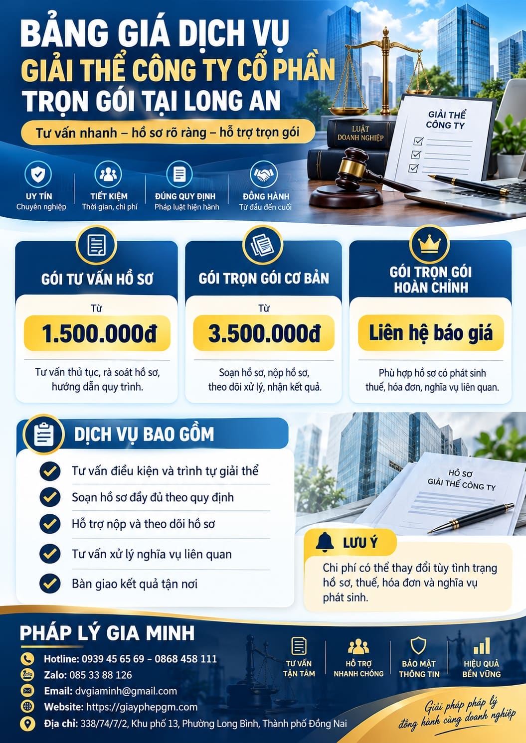Bảng giá dịch vụ giải thể công ty cổ phần trọn gói tại Long An