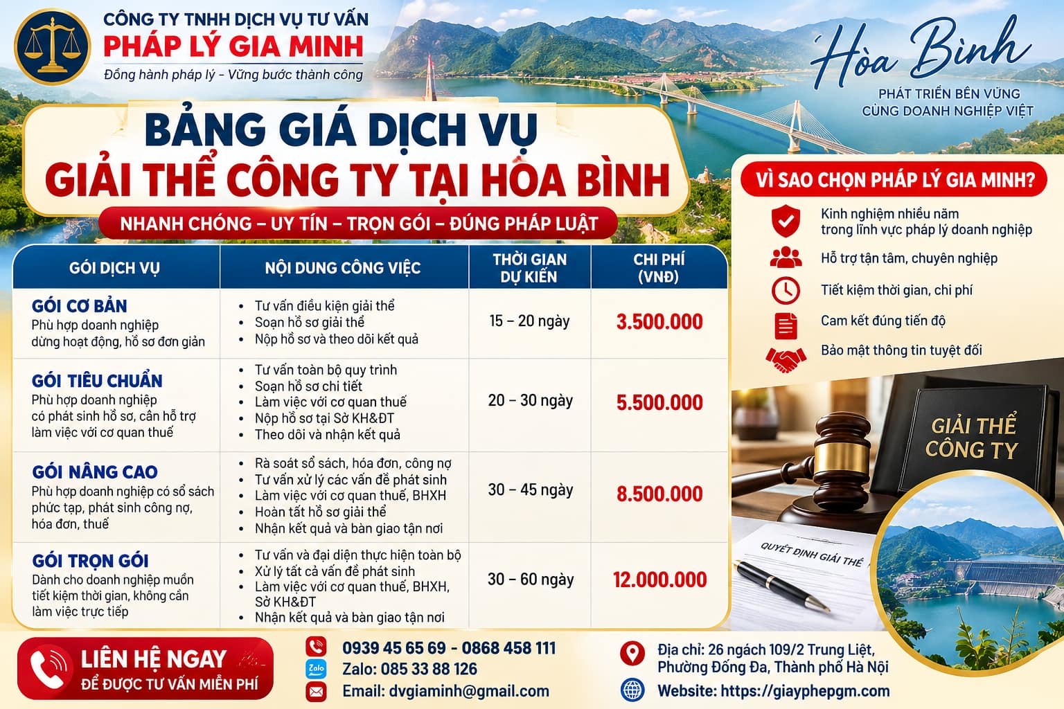 Bảng giá dịch vụ giải thể công ty tại Hòa Bình