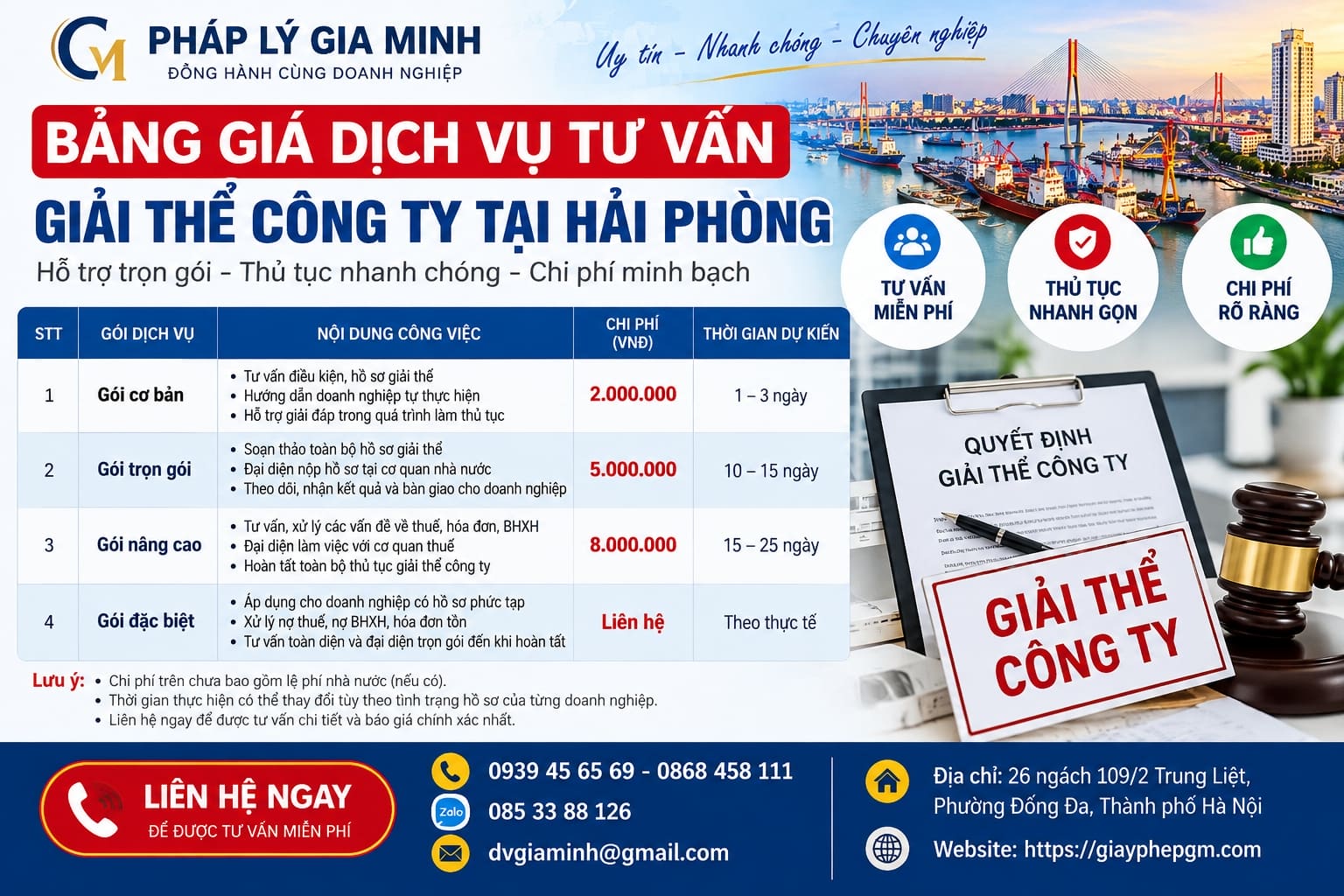 Bảng giá dịch vụ tư vấn giải thể công ty tại Hải Phòng