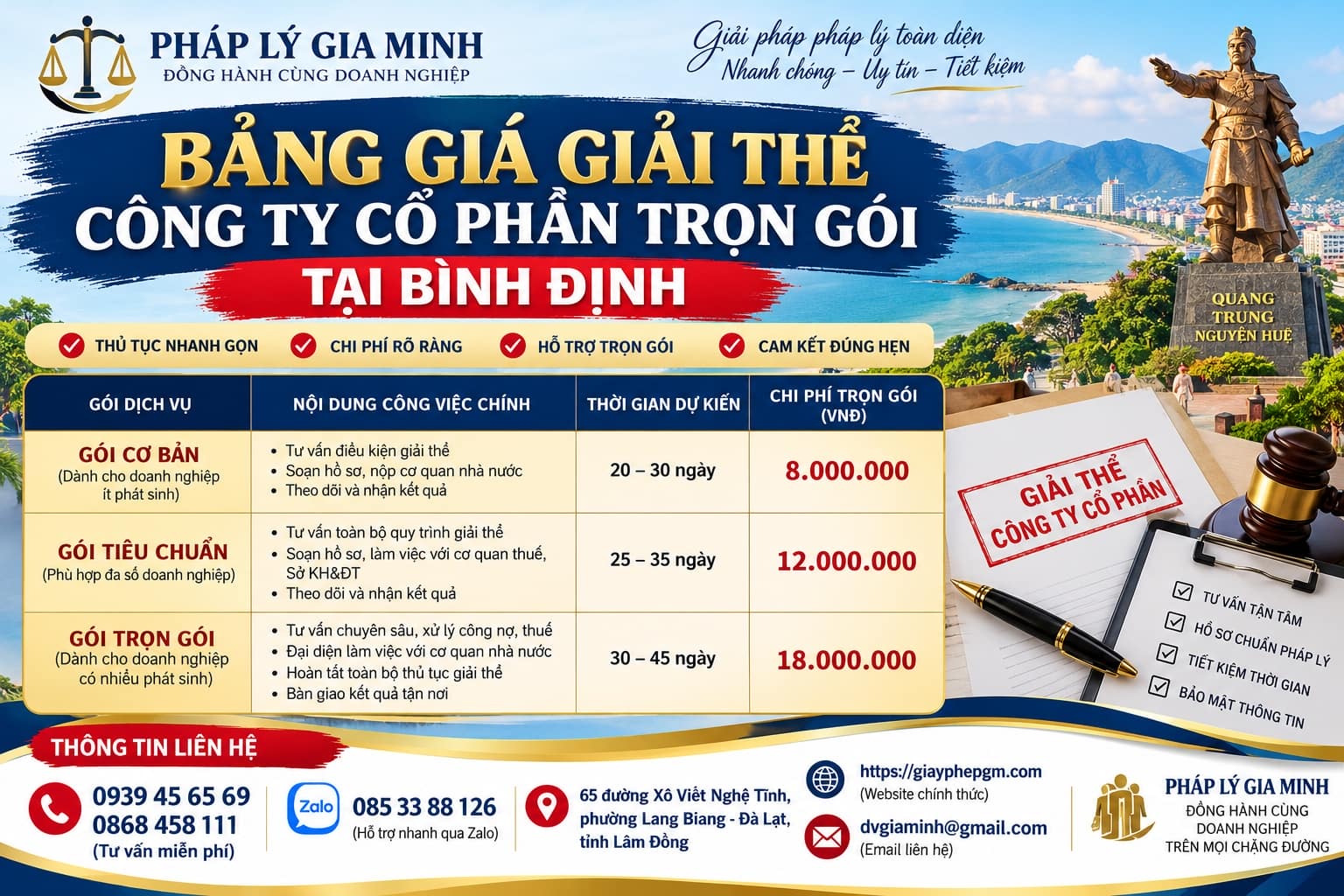 Bảng giá giải thể công ty cổ phần trọn gói tại Bình Định