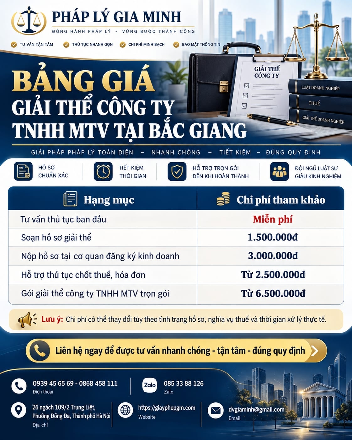 Bảng giá giải thể công ty TNHH MTV tại Bắc Giang