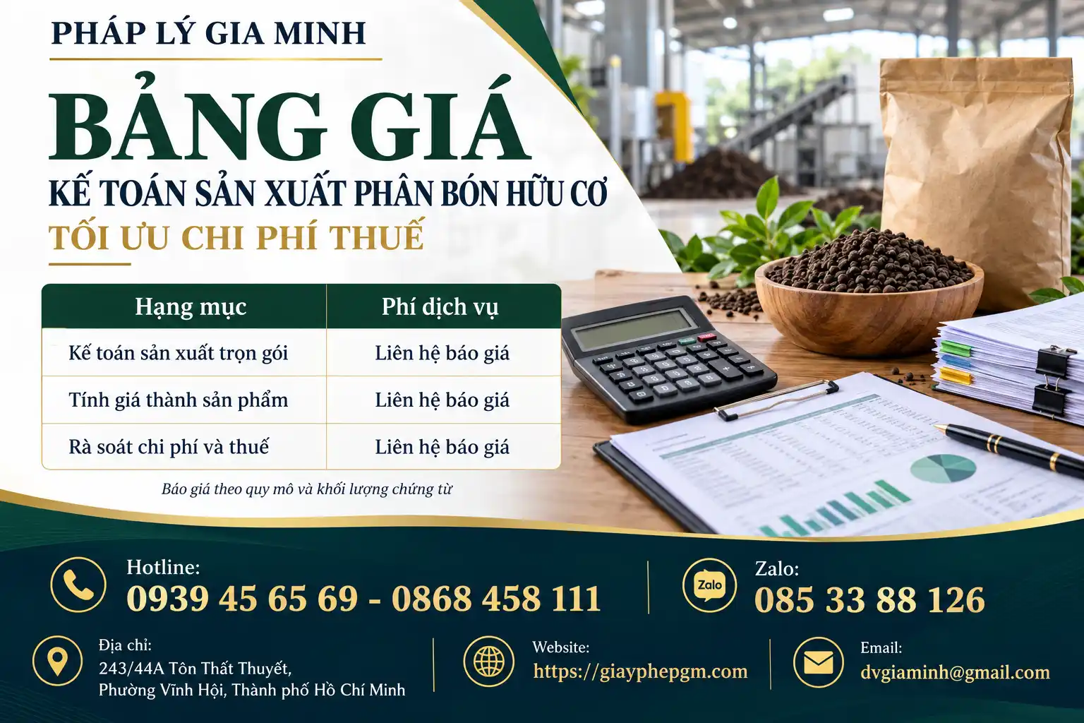 Bảng Giá Kế Toán Sản Xuất Phân Bón Hữu Cơ