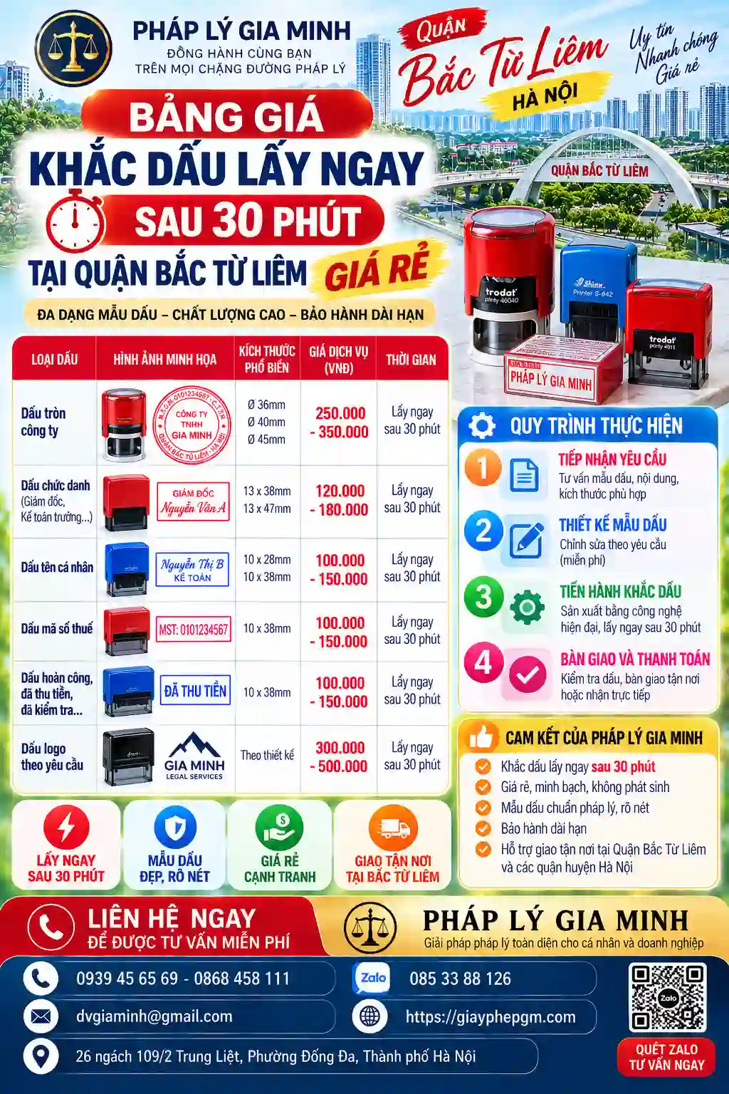 Bảng giá khắc dấu lấy sau 30 phút, giá rẻ tại Bắc Từ Liêm