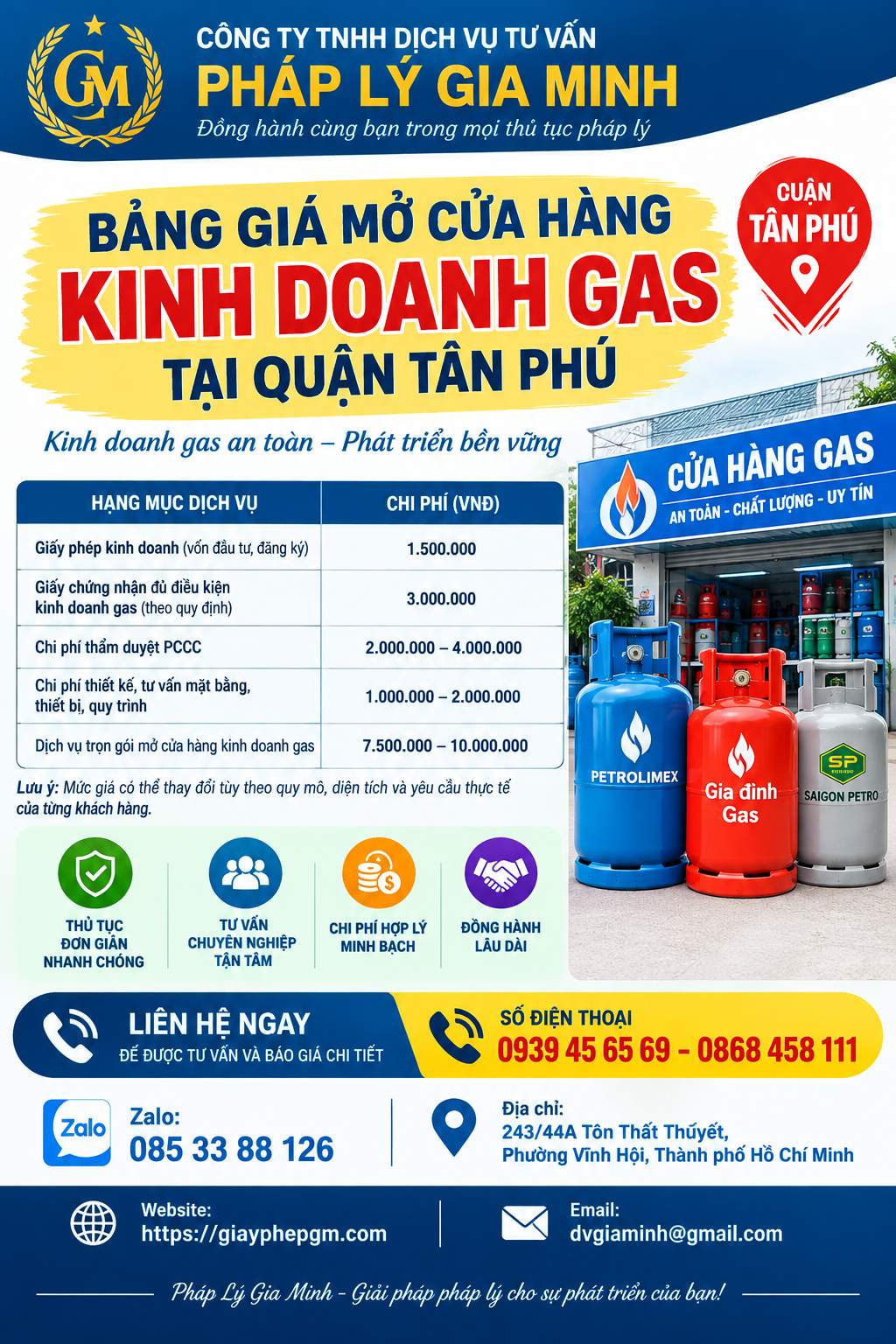 Bảng giá mở cửa hàng kinh doanh gas tại quận Tân Phú