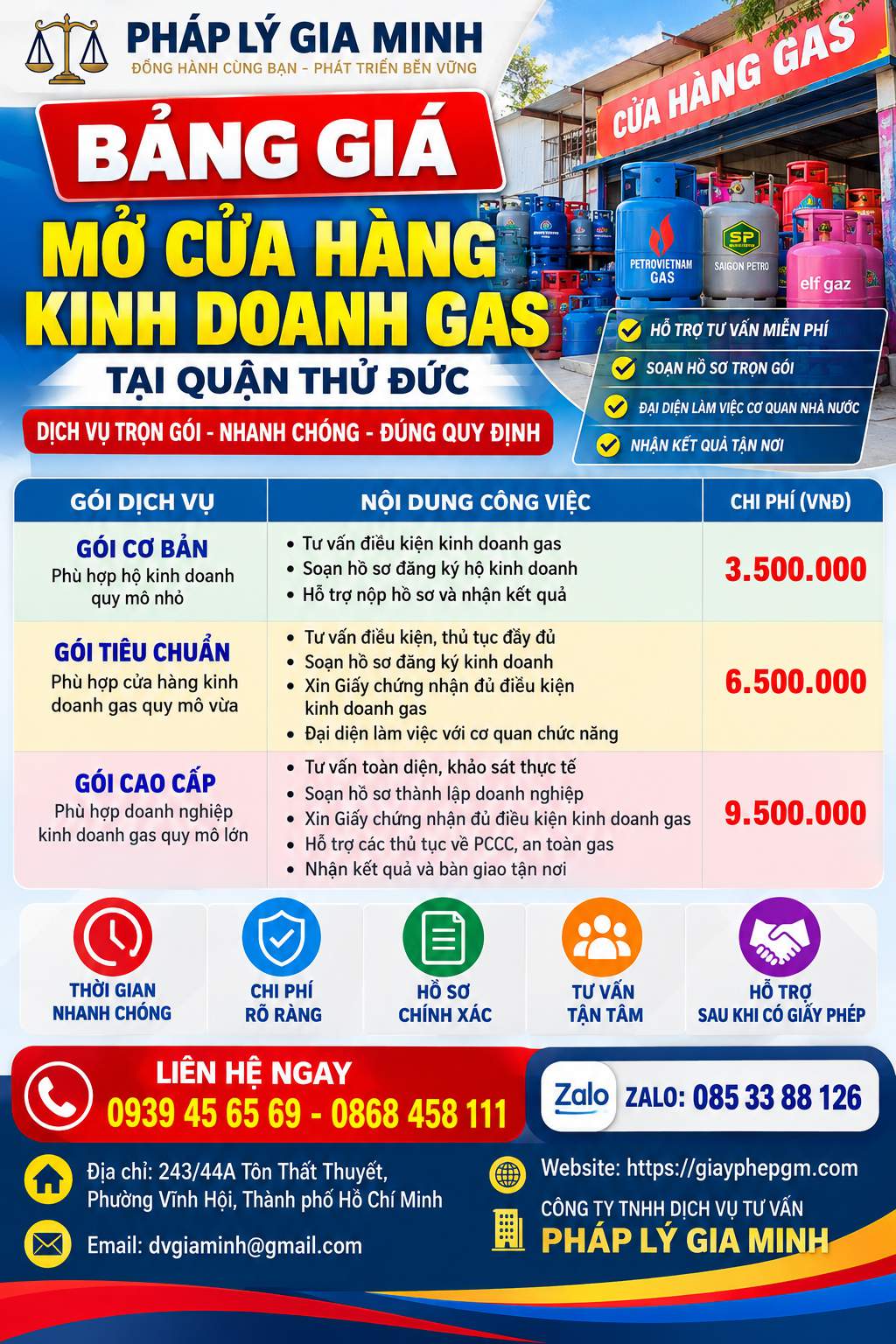 Bảng giá mở cửa hàng kinh doanh gas tại quận Thủ Đức