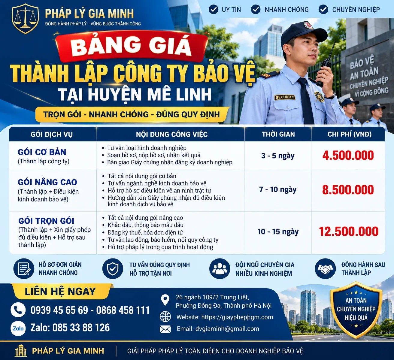 Bảng Giá Thành Lập Công Ty Bảo Vệ Tại Mê Linh