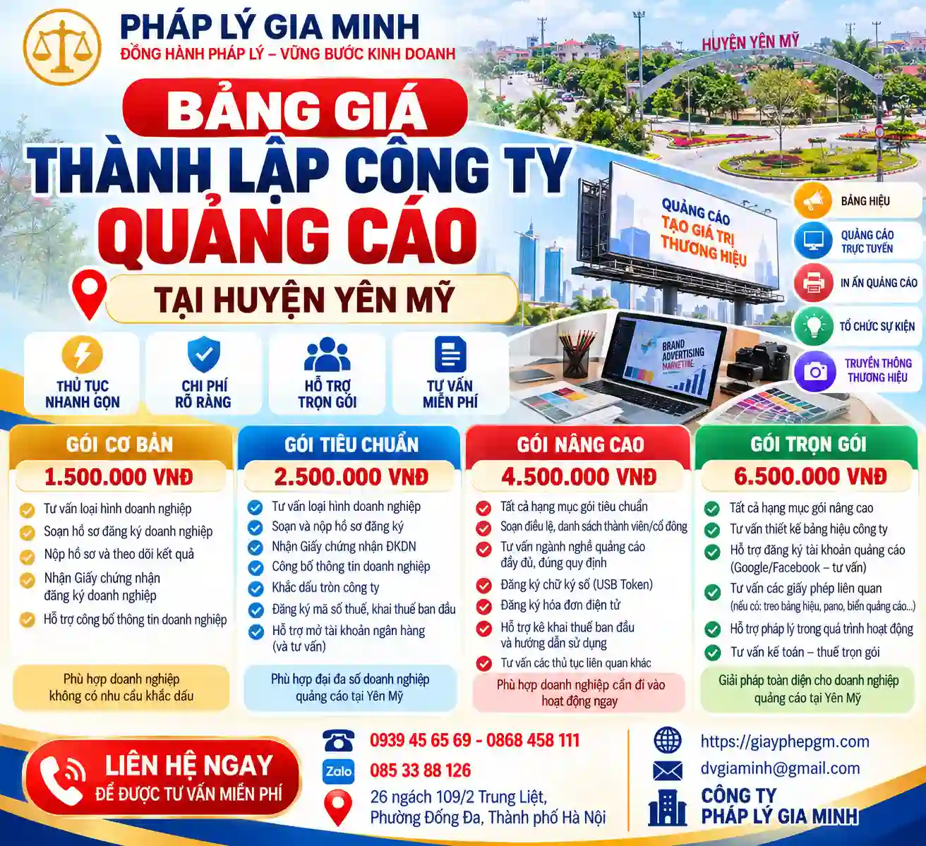 Bảng giá thành lập công ty quảng cáo tại Yên Mỹ
