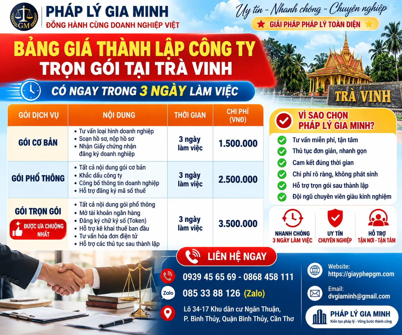 Bảng Giá Thành Lập Công Ty Tại Trà Vinh
