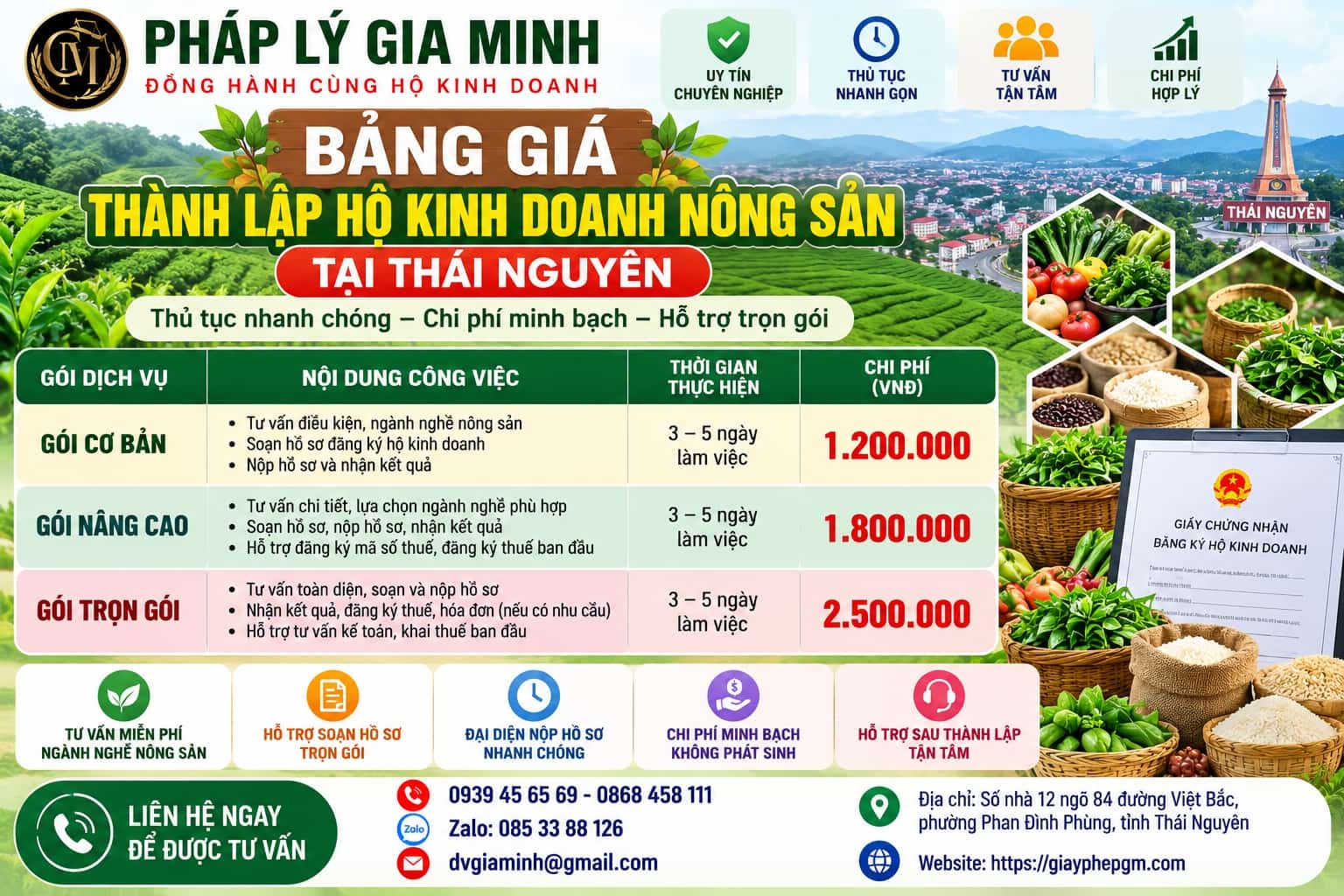Bảng giá thành lập hộ kinh doanh nông sản tại Thái Nguyên